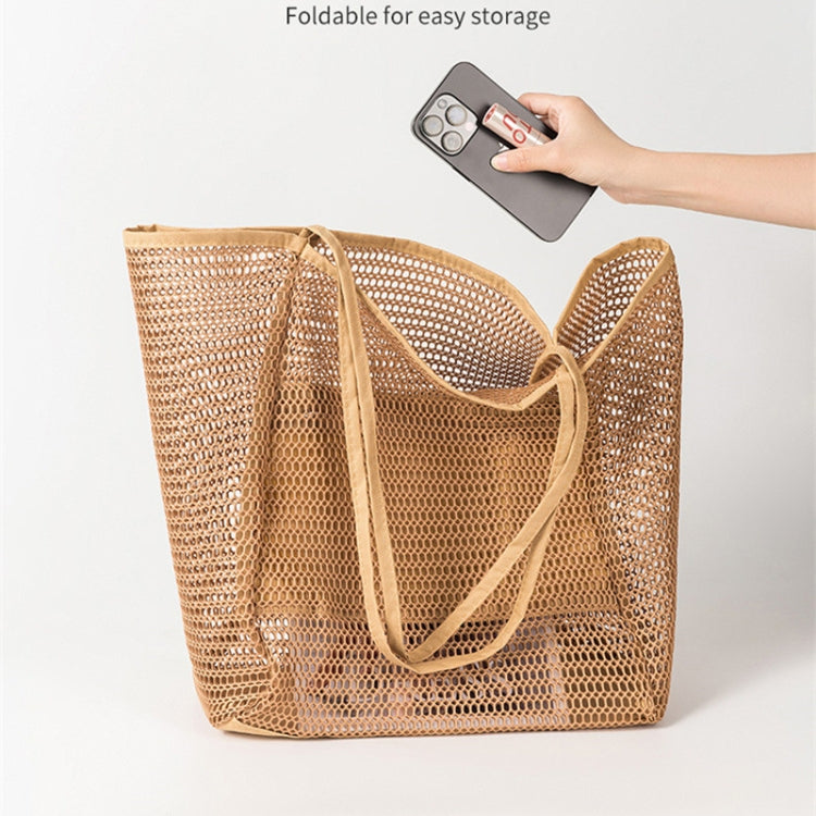 Folding Beach Bag Mesh Tote Handbag Women Shoulder Bag(Khaki)