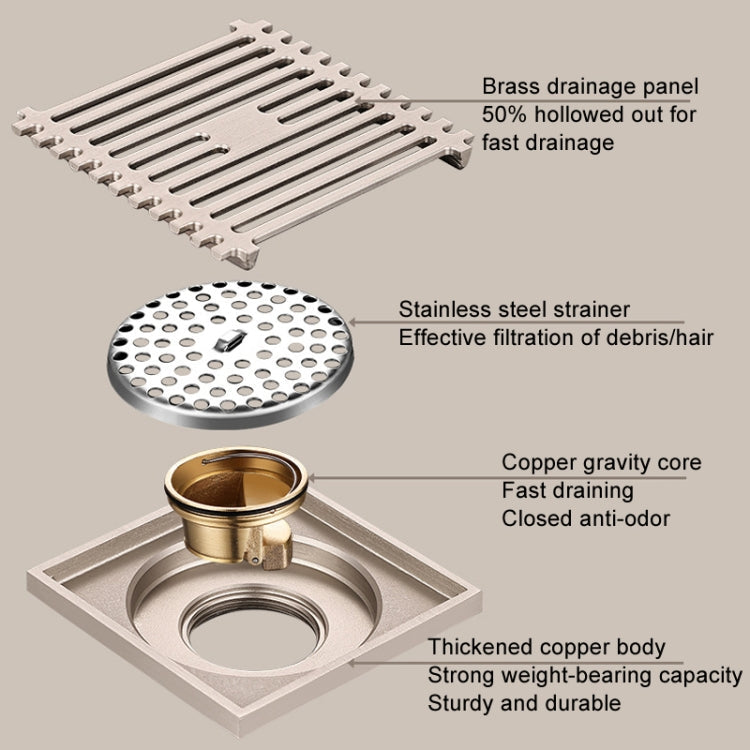 All Copper Brushed Anti-Odor Floor Drain Gravity Copper Core Bathroom Floor Drain, Specification: Square Fine Sculpture Dual Use