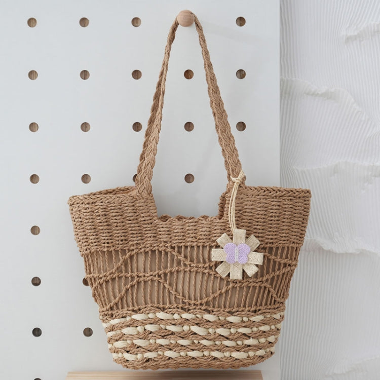Knitting Straw Shoulder Bag Hollow Wave Large Capacity Tote Bag With Lining(Light Brown)