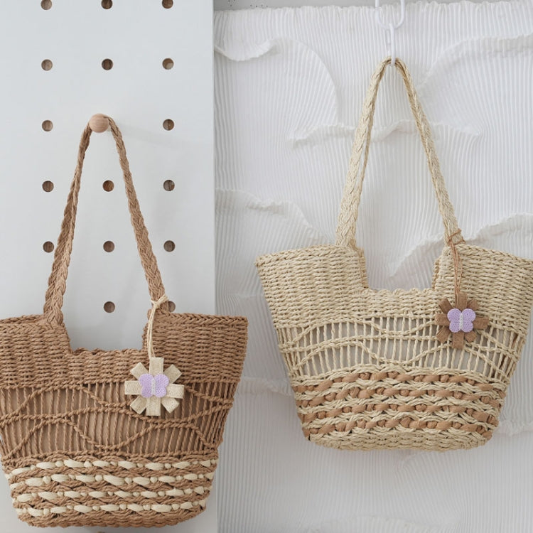 Knitting Straw Shoulder Bag Hollow Wave Large Capacity Tote Bag With Lining(Beige)