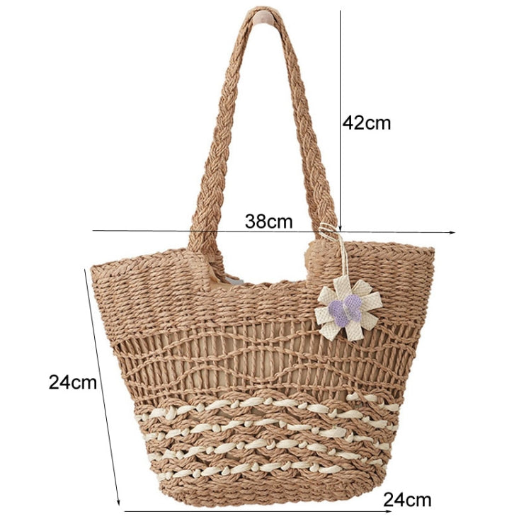 Knitting Straw Shoulder Bag Hollow Wave Large Capacity Tote Bag With Lining(Beige)