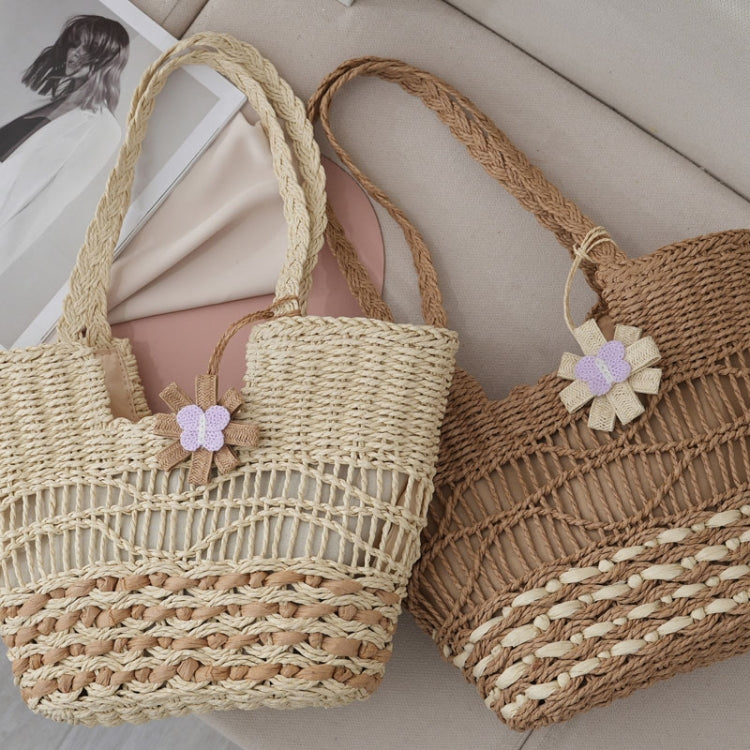 Knitting Straw Shoulder Bag Hollow Wave Large Capacity Tote Bag With Lining(Beige)