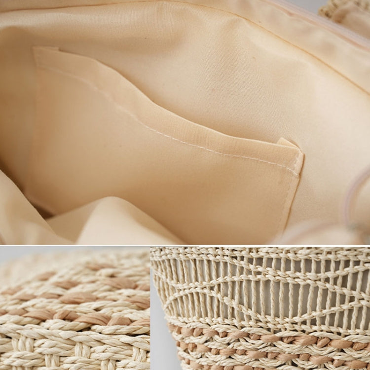 Knitting Straw Shoulder Bag Hollow Wave Large Capacity Tote Bag With Lining(Beige)