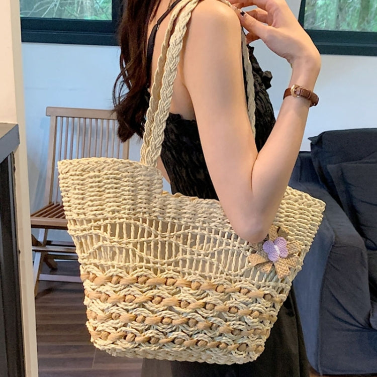 Knitting Straw Shoulder Bag Hollow Wave Large Capacity Tote Bag With Lining(Beige)