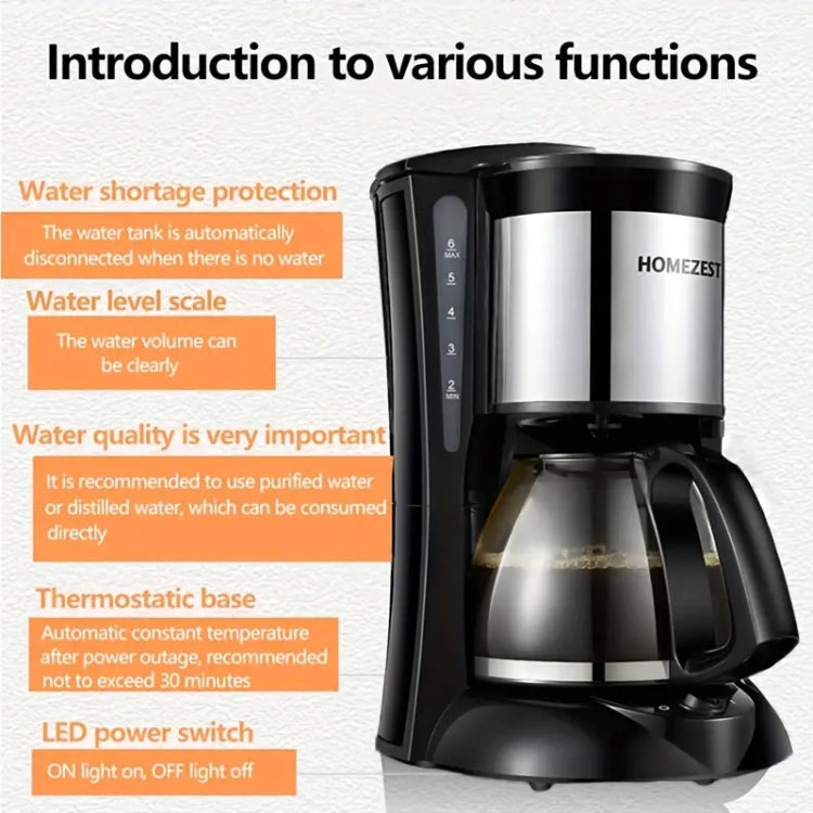 HOMEZEST 600W 0.65L  Automatic Drip Coffee Maker with Glass Carafe 2-6 Cup Capacity(323 Black EU Plug)