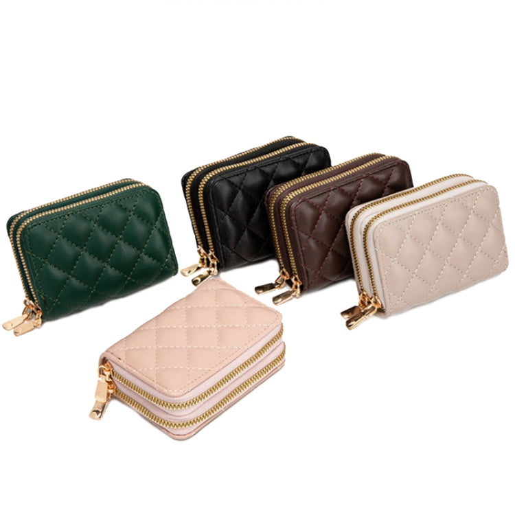 Large Capacity Double Layer Zipper Wallet Multi-card Slot Rhombus Card Holder(Pink)