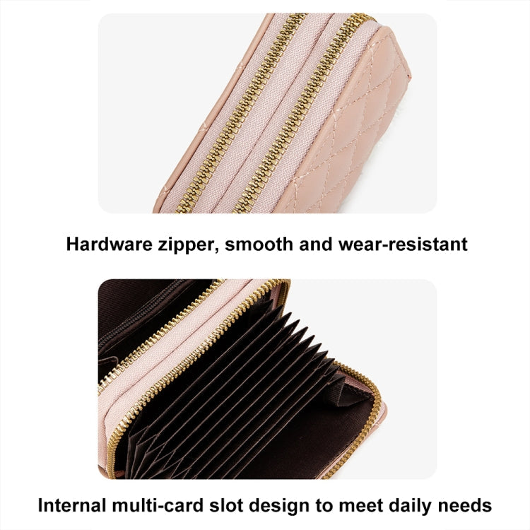 Large Capacity Double Layer Zipper Wallet Multi-card Slot Rhombus Card Holder(Pink)