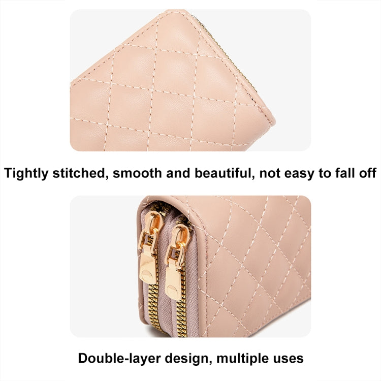 Large Capacity Double Layer Zipper Wallet Multi-card Slot Rhombus Card Holder(Pink)