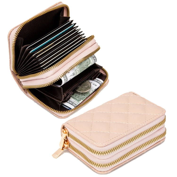 Large Capacity Double Layer Zipper Wallet Multi-card Slot Rhombus Card Holder(Pink)