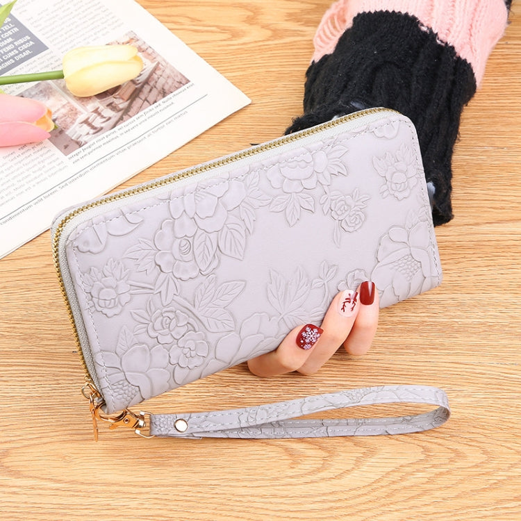 Large Capacity Embossed Long Zippered Wallet with Multiple Card Slots(Grey)
