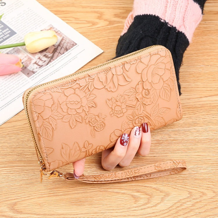 Large Capacity Embossed Long Zippered Wallet with Multiple Card Slots(Camel)