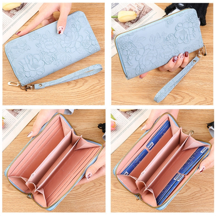 Large Capacity Embossed Long Zippered Wallet with Multiple Card Slots(Black)