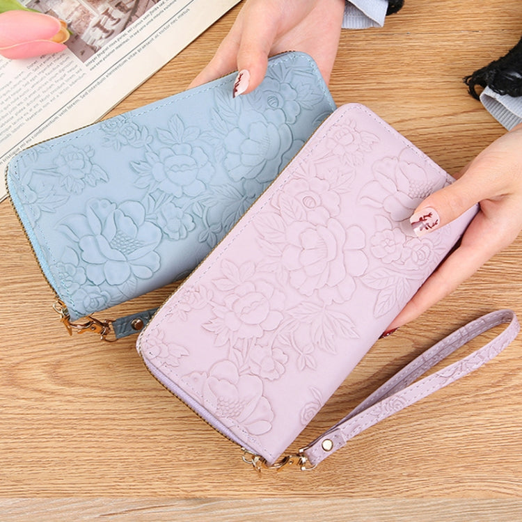 Large Capacity Embossed Long Zippered Wallet with Multiple Card Slots(Black)