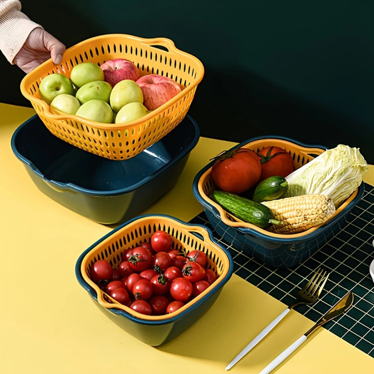 8 In 1 Drain Basket Double-Layer Vegetable Washing Basket Fruit Basin(Blue and Yellow)