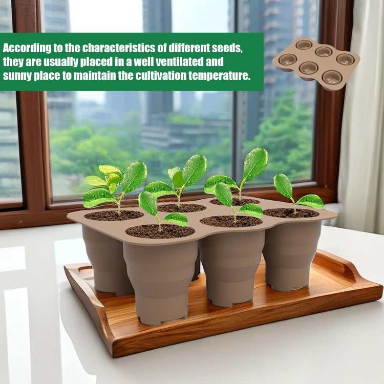 6 Holes Nursery Box Small Vegetable Flower Plant Breathable Growing Tray Silicone Folding Nursery Pot(Brown)
