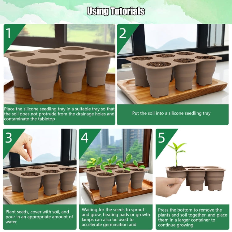 6 Holes Nursery Box Small Vegetable Flower Plant Breathable Growing Tray Silicone Folding Nursery Pot(Brown)