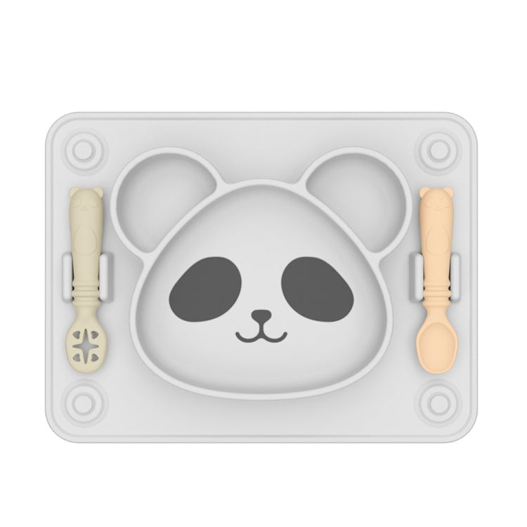 Baby Integrated Suction Cup Grid Food Plate Children Panda Silicon Glue Dishes(With Fork and Spoon Black White)