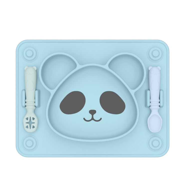 Baby Integrated Suction Cup Grid Food Plate Children Panda Silicon Glue Dishes(With Fork and Spoon Sky Blue)