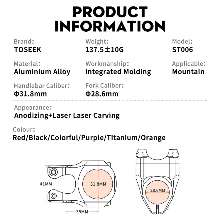 TOSEEK 35mm Aluminum Alloy Stem Bicycle Modification Accessories, Color: Red