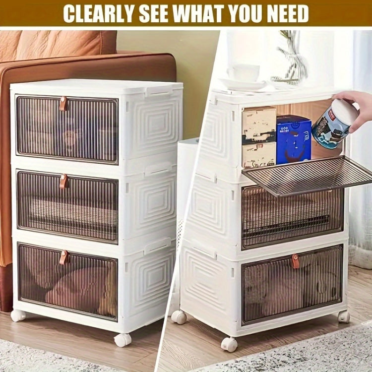 4-Tier Stackable Plastic Storage Bins With Wheels & Magnetic Door For Snacks, Clothes, Kitchen Supplies, Shoes