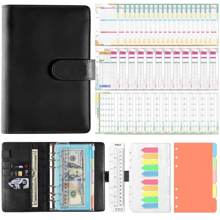 A6 Macaron Loose-Leaf Weekly Plan Monthly Plan Notebook PU Leather Multi-Function Storage Handbook(Black)
