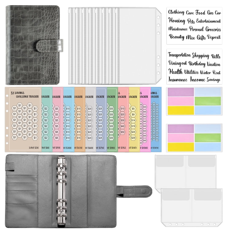 A6 Crocodile Pattern Money Saving Challenge Budget Notebook PU Leather Envelope Binder Budget(Gray)