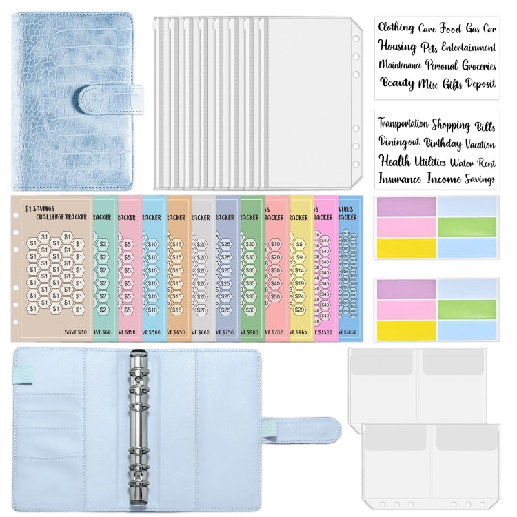 A6 Crocodile Pattern Money Saving Challenge Budget Notebook PU Leather Envelope Binder Budget(Blue)