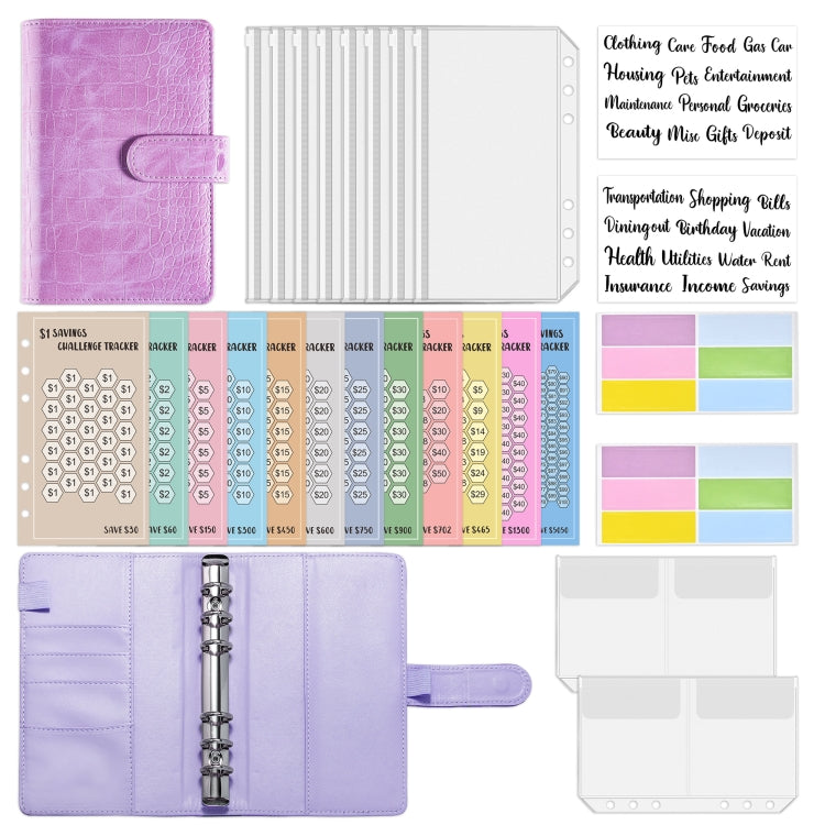 A6 Crocodile Pattern Money Saving Challenge Budget Notebook PU Leather Envelope Binder Budget(Purple)