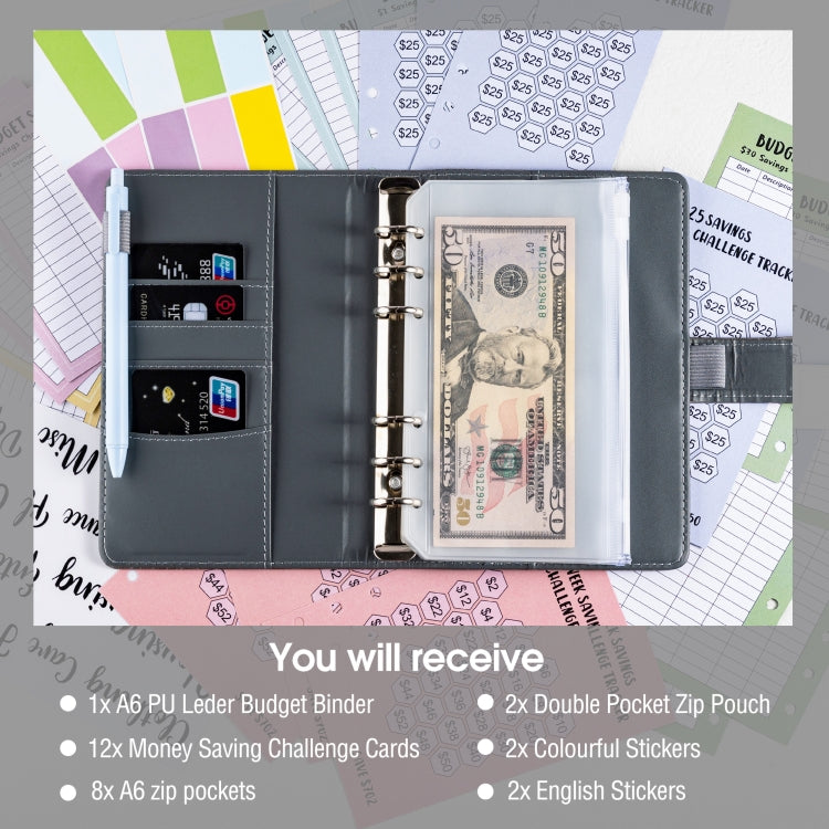 A6 Crocodile Pattern Money Saving Challenge Budget Notebook PU Leather Envelope Binder Budget(Gray)