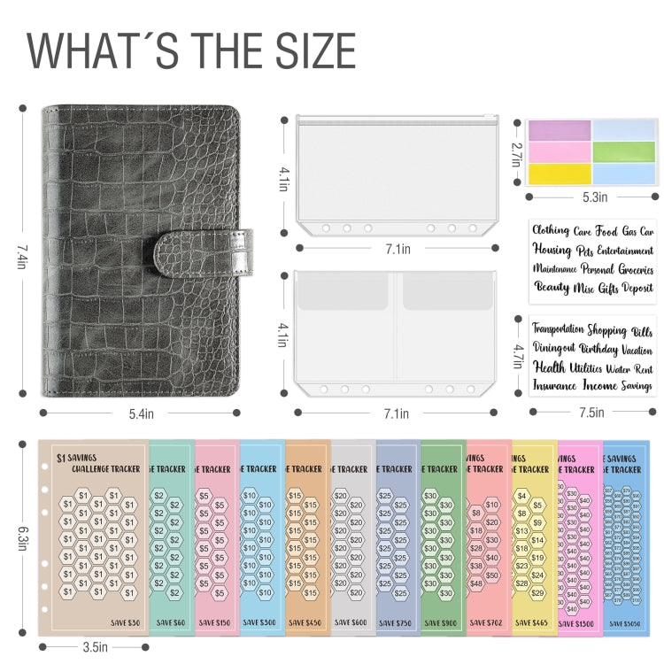 A6 Crocodile Pattern Money Saving Challenge Budget Notebook PU Leather Envelope Binder Budget(Blue)