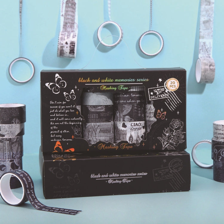 20rolls /Box Art Animals Flowers Washi Tape Set DIY Scrapbook Stickers, Style: Black and White Memory Series