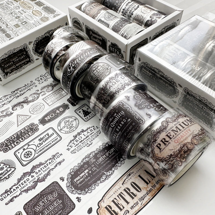 8rolls /Box  Ancient Style Transparent PET Tape Set for Journaling 3cm x 2+2cm x 2+1.5cm x 4(Badge Pattern)