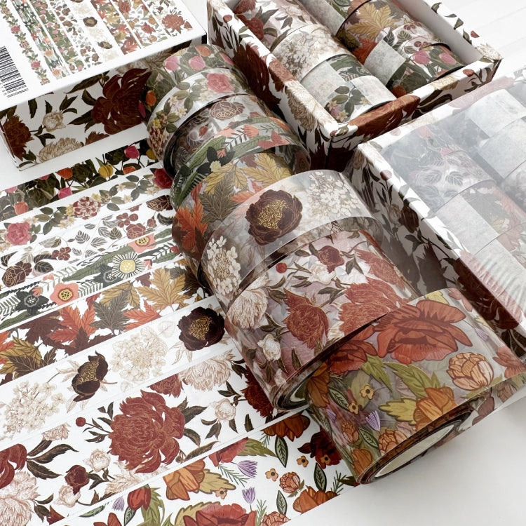 8rolls /Box  Ancient Style Transparent PET Tape Set for Journaling 3cm x 2+2cm x 2+1.5cm x 4(Flourishing Blossoms)