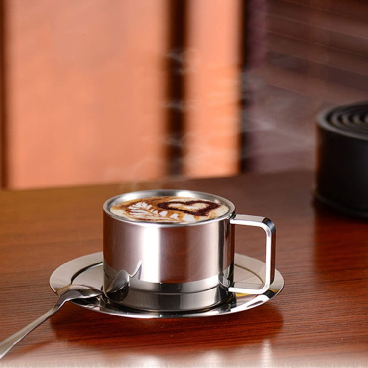 304 Stainless Steel 3 In 1 Double Layer Coffee Cup With Dish and Spoon Heat Insulation and Anti-Scald Milk Tea Mug(Stainless Steel Color)