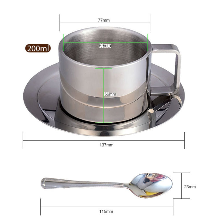 304 Stainless Steel 3 In 1 Double Layer Coffee Cup With Dish and Spoon Heat Insulation and Anti-Scald Milk Tea Mug(Stainless Steel Color)