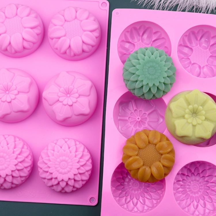 6 Grids 3 Groups Flower Shape Silicone Cake Mold Baking DIY Handmade Soap Model Sunflower Moon Cake Mold(Pink)