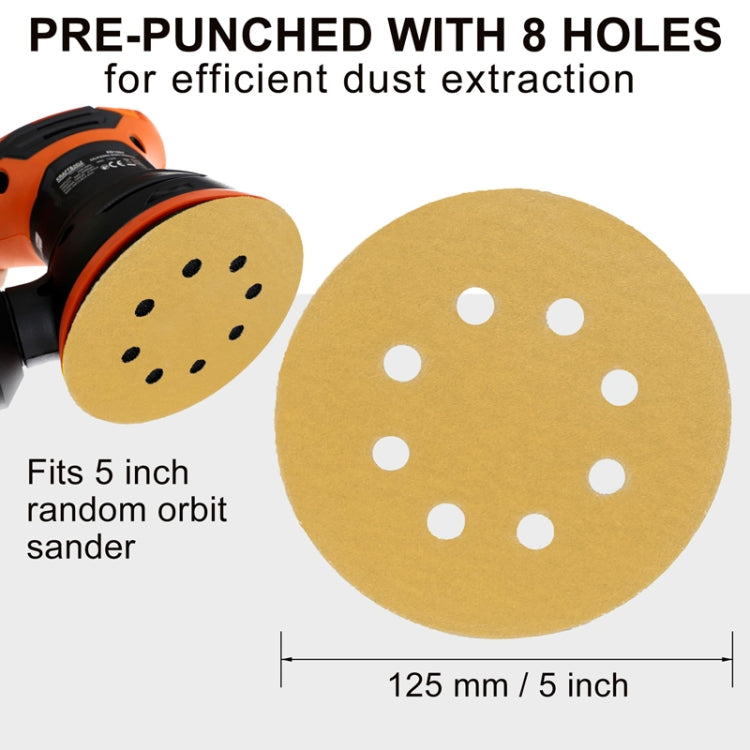 100pcs / Box 5 Inch 8 Holes Round Disc Sanding Sandpaper 125mm Yellow Sand Flocking Sheet, Grit: P180