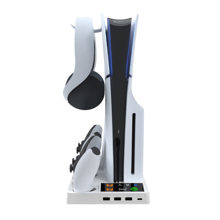 For PS5 Slim iplay HA-8006 Console Multifunctional Cooling Dock Handle Dual Charging Stand Handle Headphone Organizer(White)