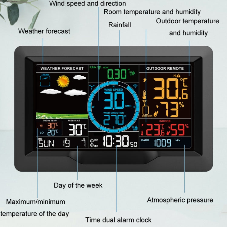 Wireless Weather Station Wind Speed Rain And Wind Direction Detection Weather Forecast Clock(Black)