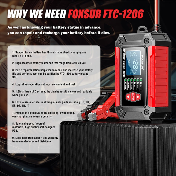 FOXSUR Cars Motorcycles 12V Lithium Cattery Charger With Battery Detection(US Plug)