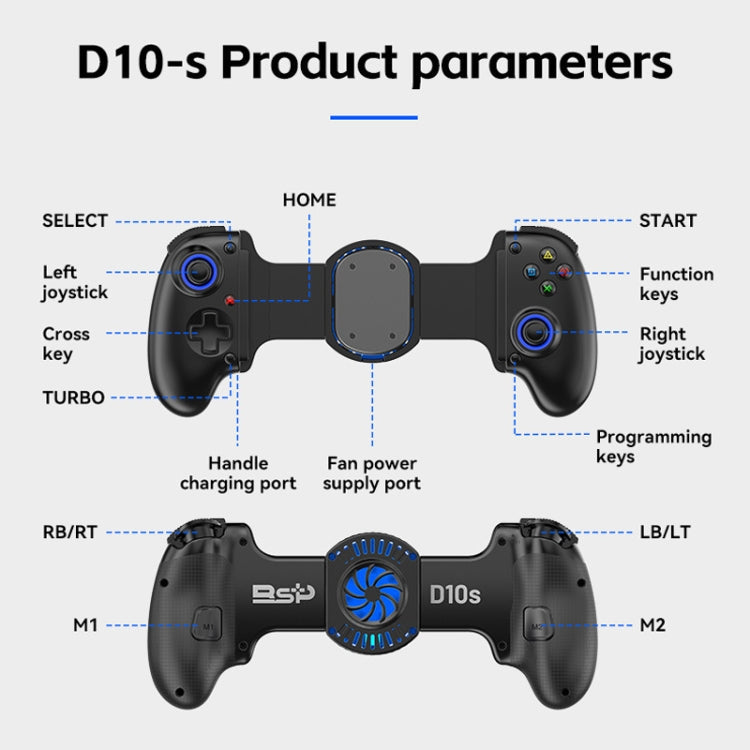 BSP-D10S Wireless Stretch Game Controller With Heat Dissipation Fan for Switch / Android / IOS / PC / PS3 / PS4(Black)