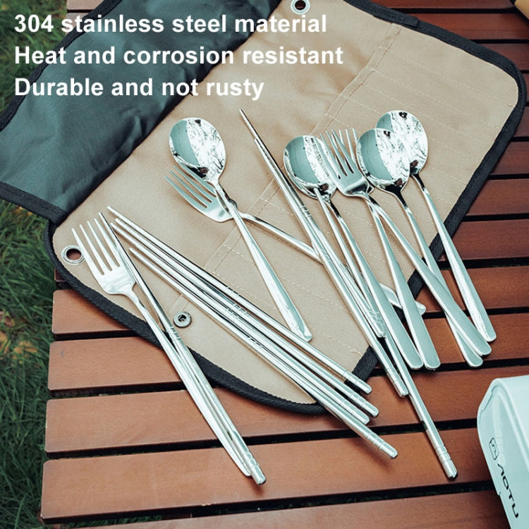 AOTU AT6471 12pcs /Set Outdoor 304 Stainless Steel Camping Cutlery Set With Storage Bag, Color: With Dinner Knife Mud Color