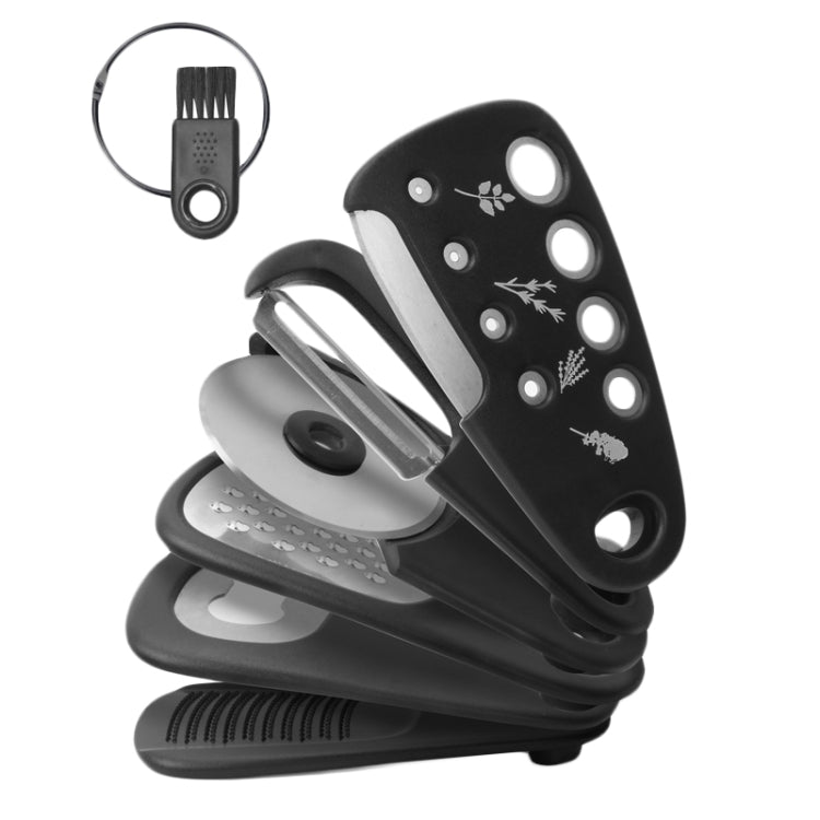 6 In 1 Stackable Kitchen Gadgets Melon Peeler Herb Chopper Garlic Grater Can Opener Pizza Cutter(Black)