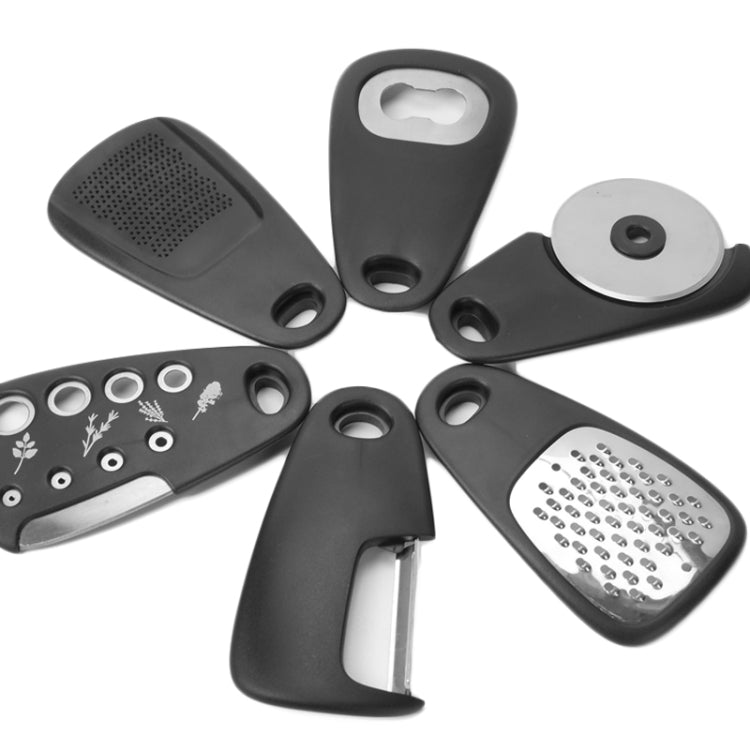 6 In 1 Stackable Kitchen Gadgets Melon Peeler Herb Chopper Garlic Grater Can Opener Pizza Cutter(Black)