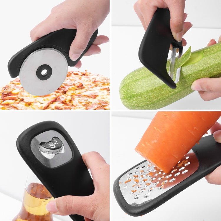 6 In 1 Stackable Kitchen Gadgets Melon Peeler Herb Chopper Garlic Grater Can Opener Pizza Cutter(Black)