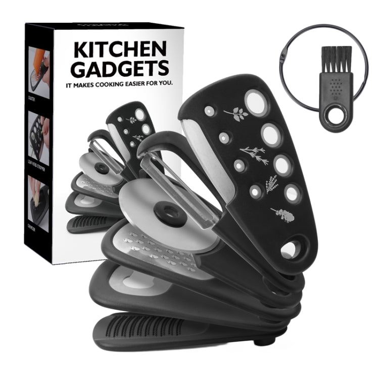6 In 1 Stackable Kitchen Gadgets Melon Peeler Herb Chopper Garlic Grater Can Opener Pizza Cutter(Black)