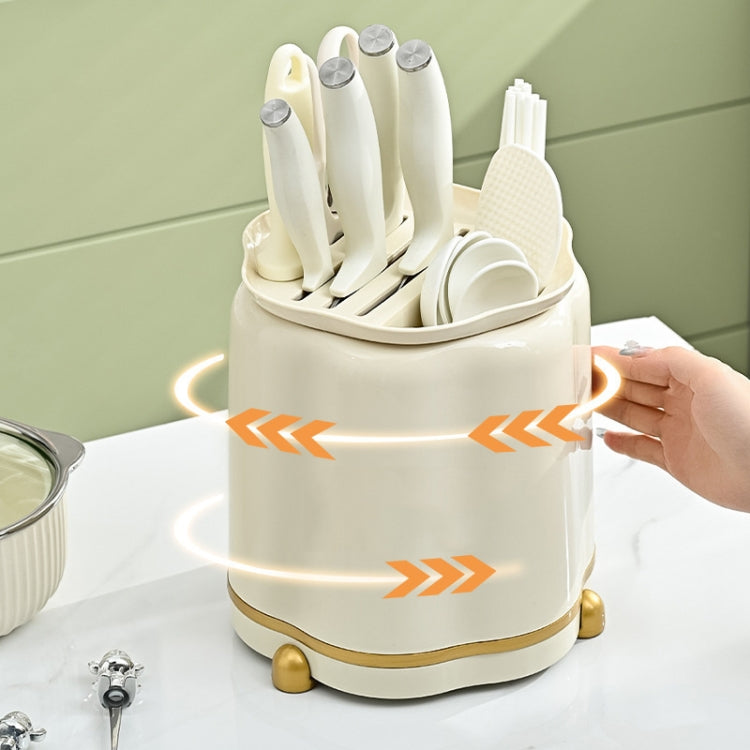 Kitchen Rotating Knife Rack Multi-functional Cutlery Shelf Home All-in-One Chopsticks Storage Rack(Pearl White)