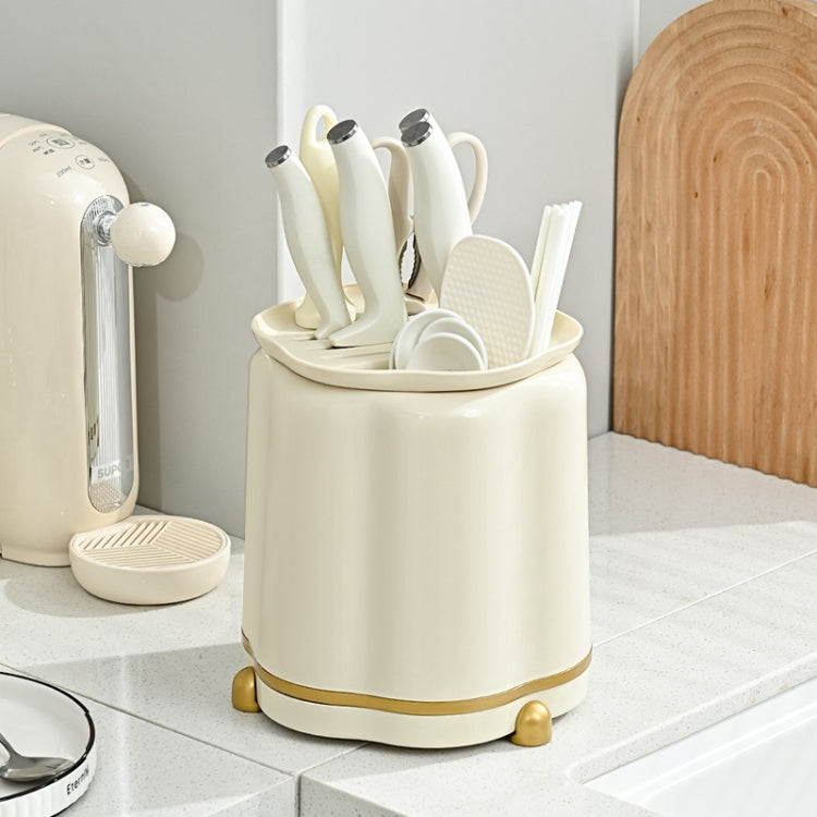 Kitchen Rotating Knife Rack Multi-functional Cutlery Shelf Home All-in-One Chopsticks Storage Rack(Pearl White)
