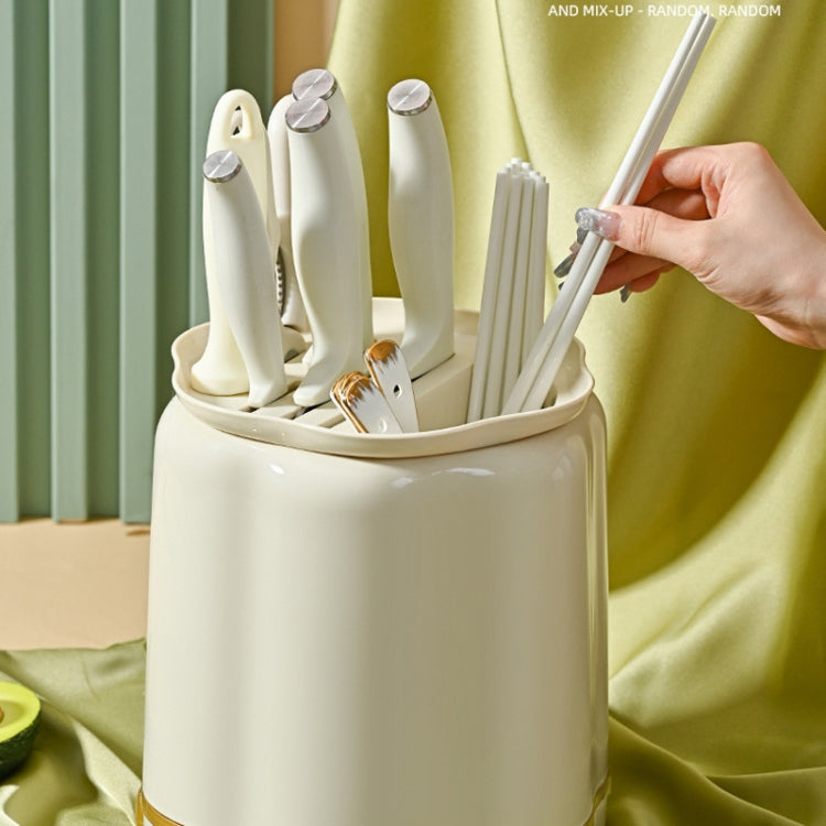 Kitchen Rotating Knife Rack Multi-functional Cutlery Shelf Home All-in-One Chopsticks Storage Rack(Pearl White)