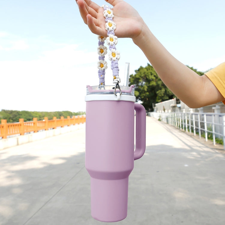 For 16-40oz Stanley Mug Lanyard Silicone Loop Boho Daisy Cute Flower Hand-Woven Mug Cover(Black)